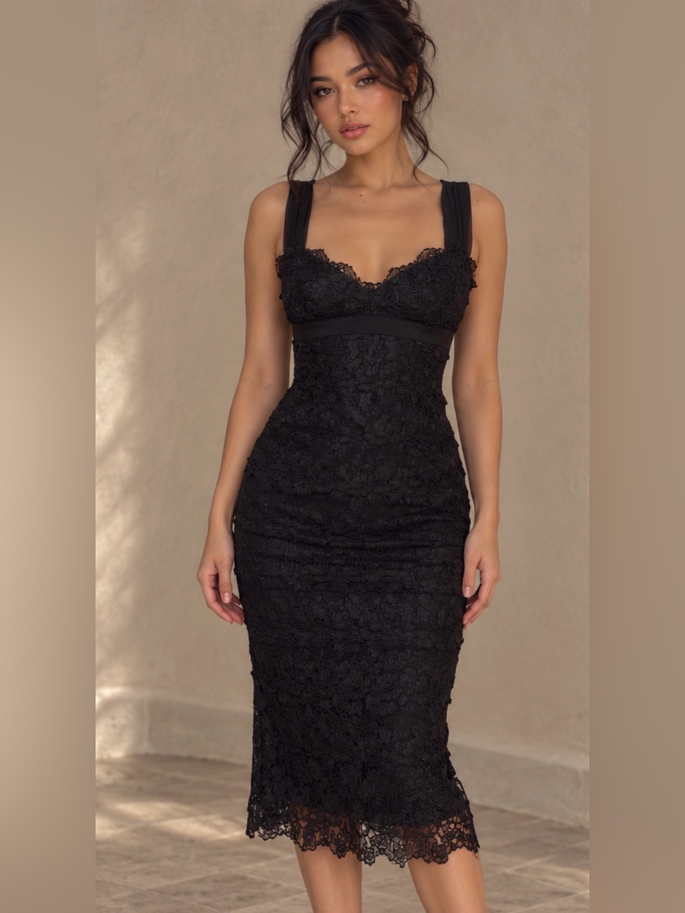 Nicole Miller Collection 100% Silk Black Lace Open Back Midi Dress Tagged size 4